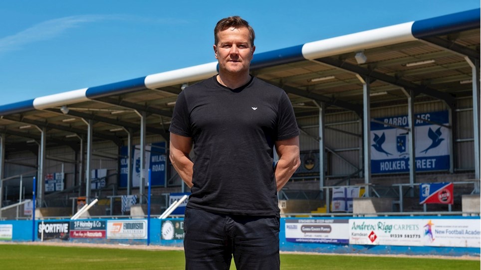 A photograph of Barrow AFC Manager Mark Cooper