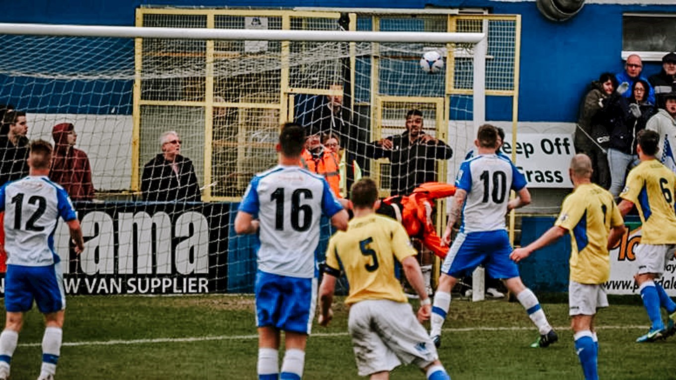 Andy Haworth scores the winner for Barrow against Stockport County in April 2015.