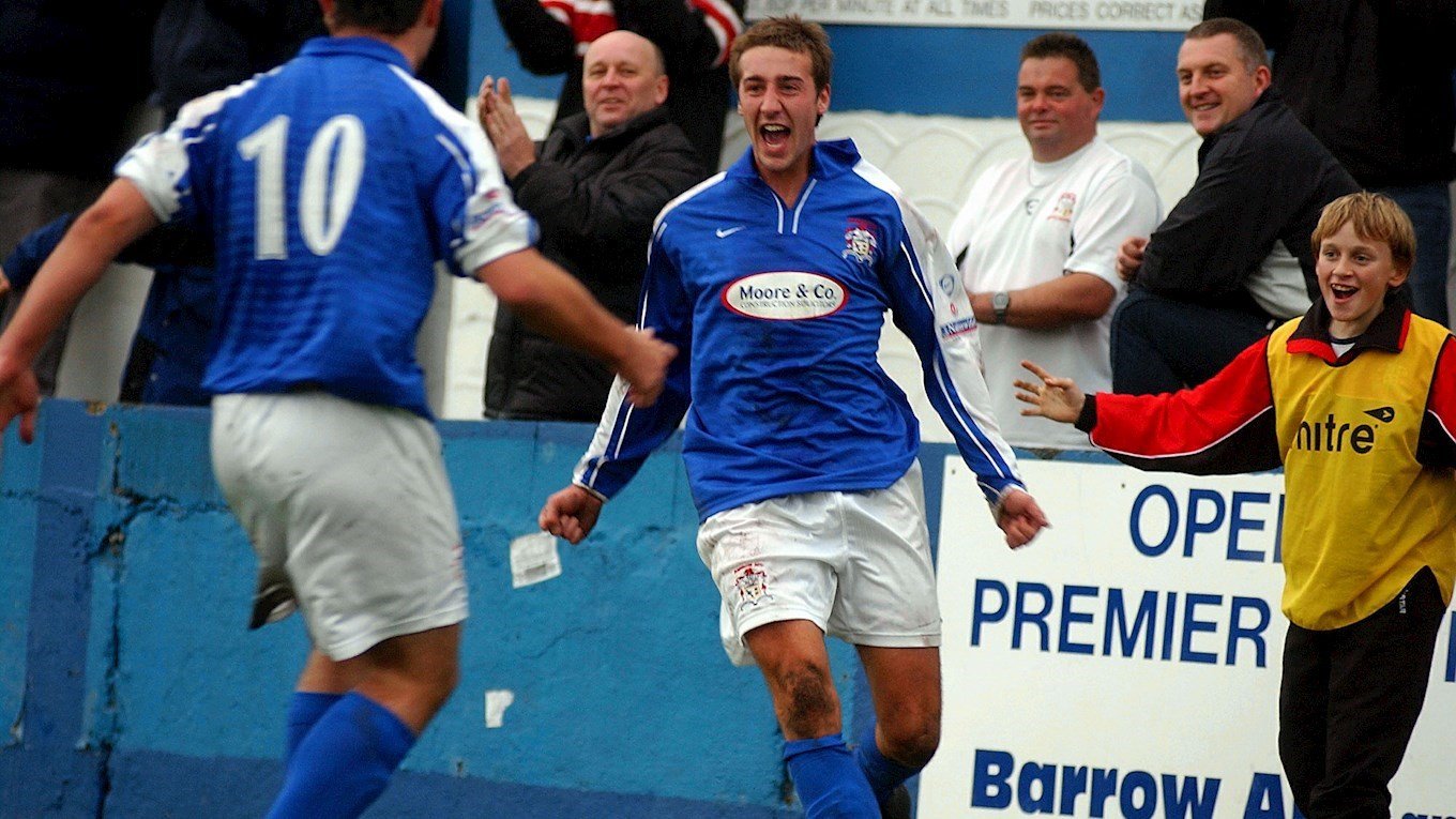 A photograph of Glenn Murray celebrating a goal for Barrow
