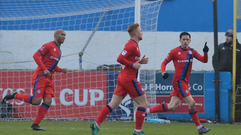 A photograph of Rochdale celebrating a goal at Barrow in 2017