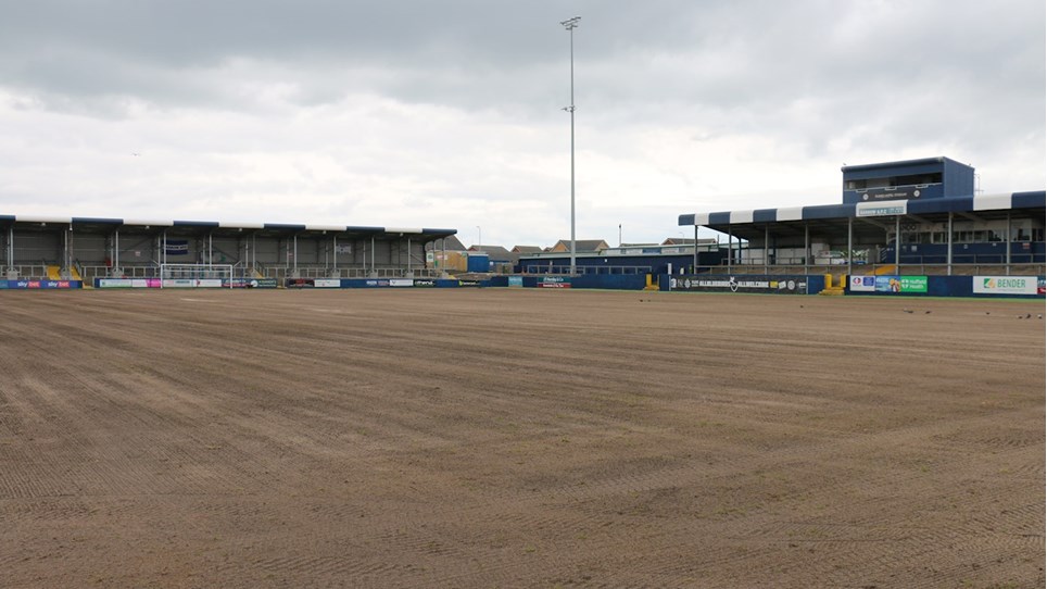 A photograph of the stripped and seeded pitch at Barrow