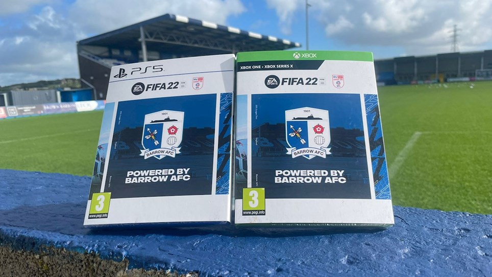 A photograph of FIFA 22 with a Barrow themed front cover