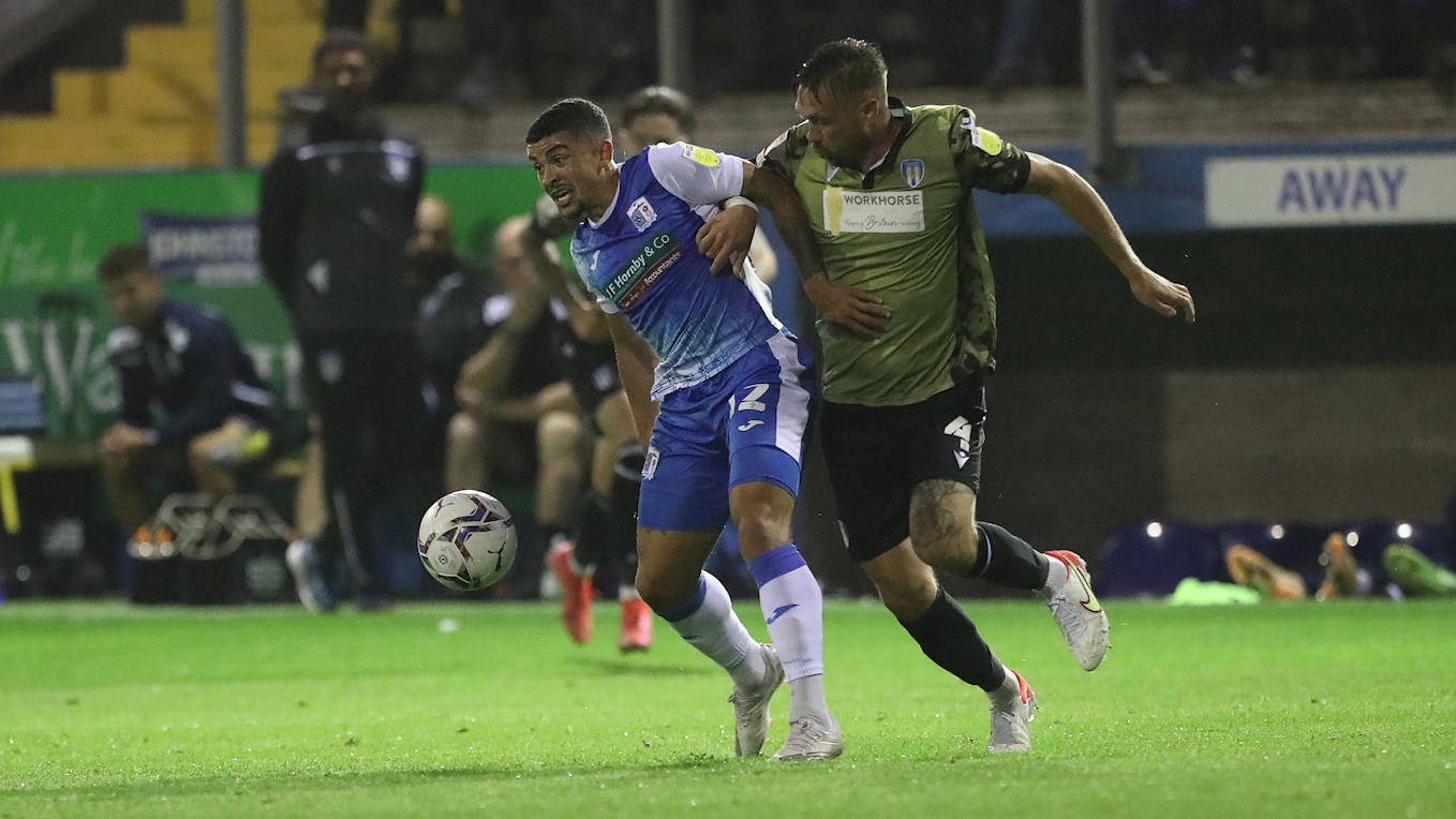 A photograph of Josh Gordon in action for Barrow against Colchester United