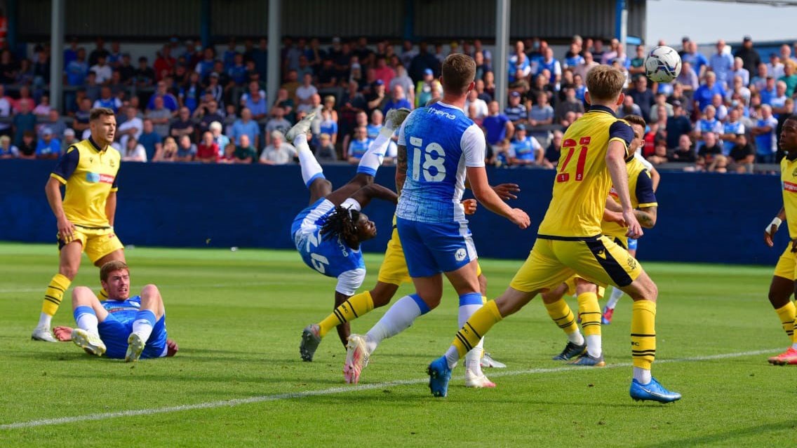 A photograph of Dimitri Sea attempting an overhead kick for Barrow against Bolton Wanderers
