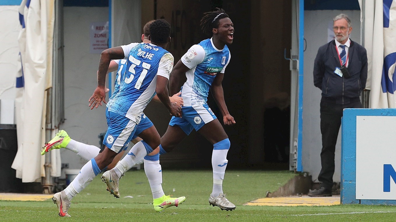 A photograph of Dimitri Sea celebrating his winning goal for Barrow against Hartlepool United