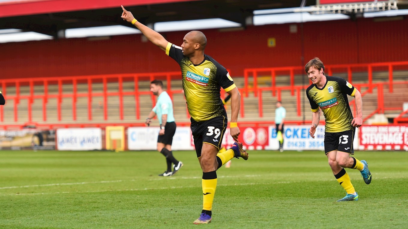 A photograph of Calvin Andrew celebrating his goal at Stevenage