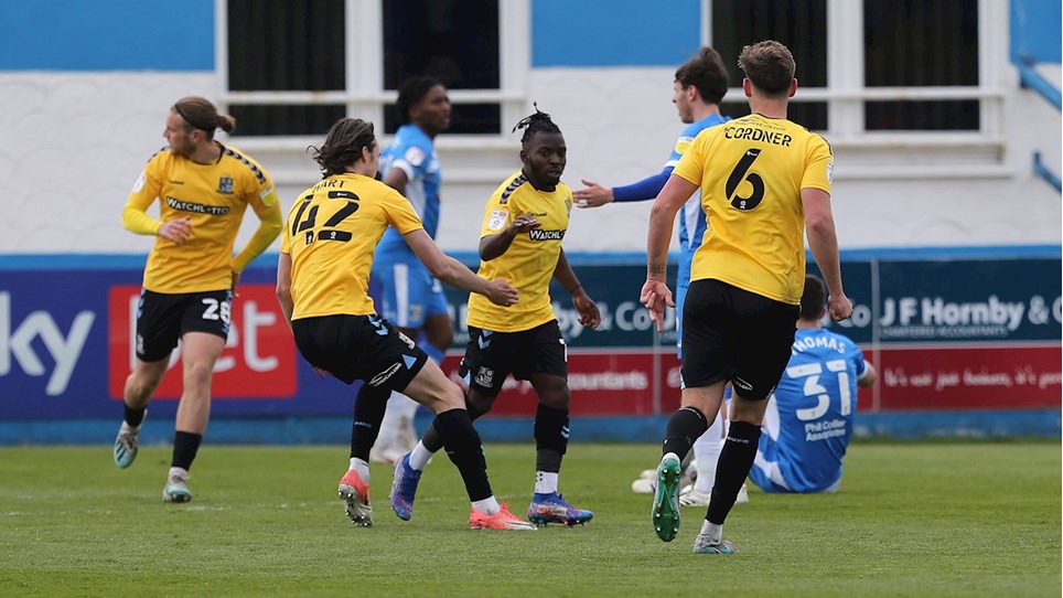 A photograph of Southend United celebrating their second goal in the game at Barrow